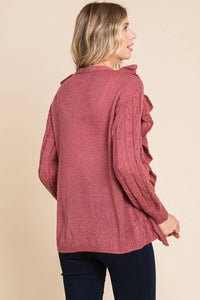 Mauve Button Up Cascade Ruffle Cardigan Sweater