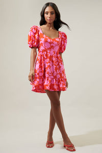 Pink and Cherry Red Puff Sleeve Floral Ruffle Hem Mini Dress