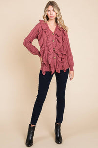 Mauve Button Up Cascade Ruffle Cardigan Sweater