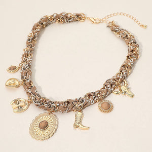 Burgundy/Gold Western Themed Charm Fabric Braided Necklace
