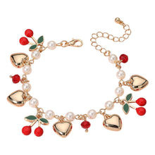Enamel Cherry Metal Heart Charm Station Pearl Link Bracelet