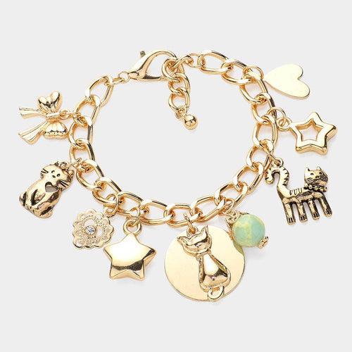Goldtone Bow Cat Star Heart Charm Chunky Bracelet
