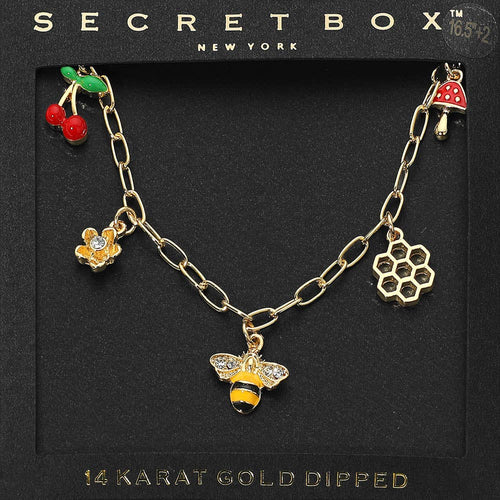 14k Gold Dipped Honey Bee Honey Comb Cherry Flower Mushroom Charm Station Paperclip Chain Necklace