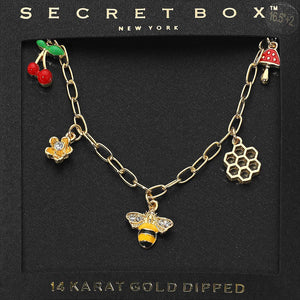 14k Gold Dipped Honey Bee Honey Comb Cherry Flower Mushroom Charm Station Paperclip Chain Necklace