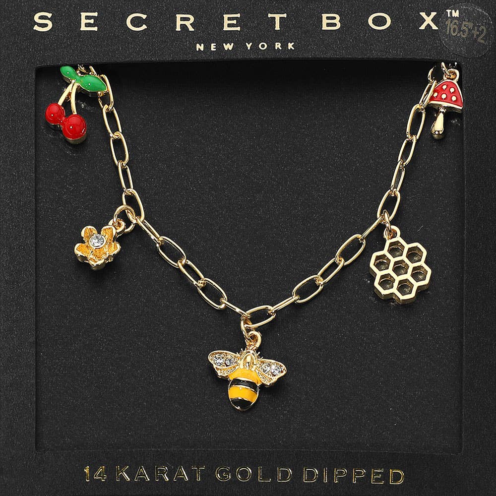 14k Gold Dipped Honey Bee Honey Comb Cherry Flower Mushroom Charm Station Paperclip Chain Necklace