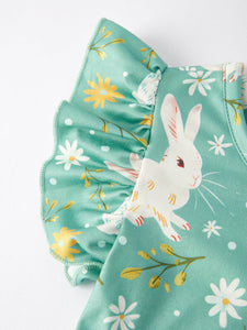 Girls Green Easter Bunny Flutter Sleeves Twirl Dress