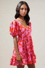 Pink and Cherry Red Puff Sleeve Floral Ruffle Hem Mini Dress