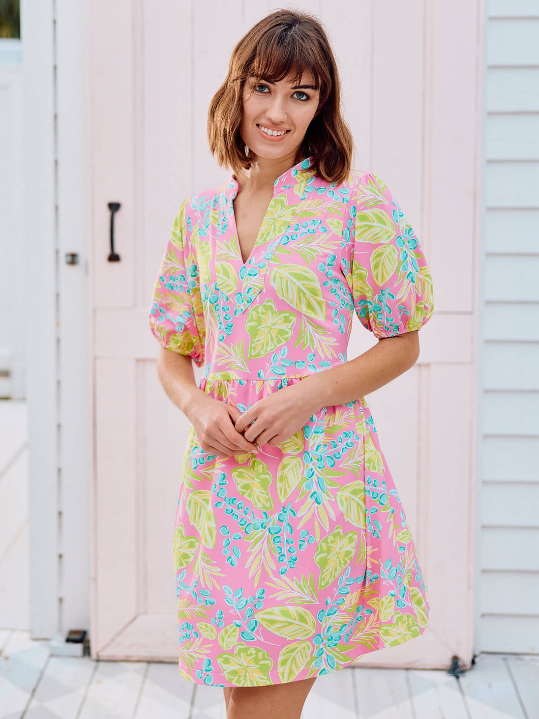 Pink Catalina Vine Time Puff Sleeve A-Line Dress