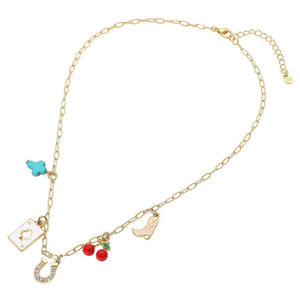 14K Gold Dipped Western Horseshoe Cowboy Boot Cross Playing Card Cherry Charm Station Paperclip Chain Necklace