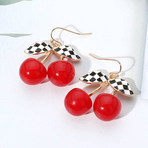 Red Enamel Retro Checkered Leaf Cherry Dangle Earrings