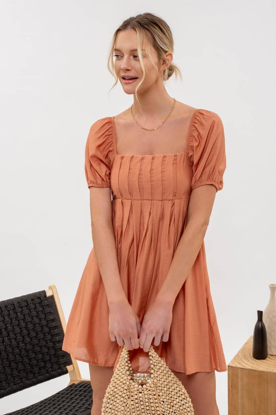 Dusty Apricot Square Neck Puff Sleeve Pleated Mini Dress