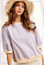 Lavender Loose Fit Striped Short Sleeve Crew Neckline Top