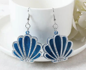 Blue Shell Silver Glitter Detail Acrylic Earrings