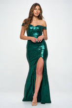 Emerald Green Off Shoulder Tie Back Sequin Maxi Prom Dress