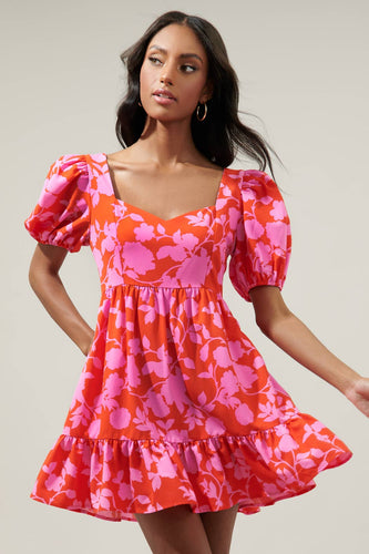 Pink and Cherry Red Puff Sleeve Floral Ruffle Hem Mini Dress