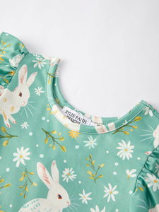 Girls Green Easter Bunny Flutter Sleeves Twirl Dress