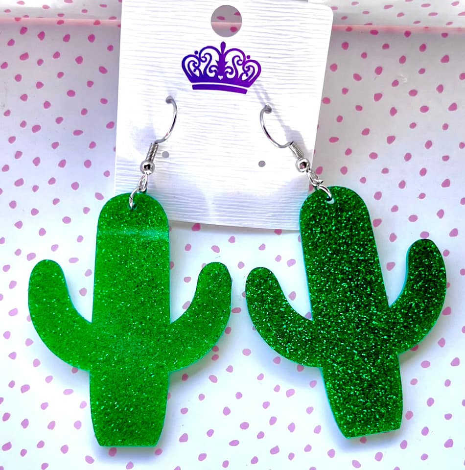 Green Glitter Cactus Acrylic Earrings