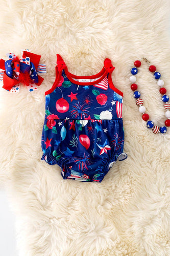 Navy Blue Infant Girls 4th of July Patriotic Balloon Print Onesie Romper