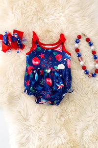 Navy Blue Infant Girls 4th of July Patriotic Balloon Print Onesie Romper
