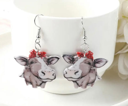 Red Polka Dot Bow Cow Acrylic Earrings