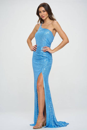 Blue One Shoulder Sleeveless Maxi Sequin Prom Dress