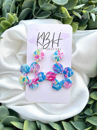 Pink and Blue Handmade Floral Flower Dangle Clay Earrings