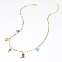Silver 14K Gold Dipped Western Hat Boot Cross Turquoise Heart Stone Charm Station Paperclip Chain Necklace