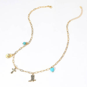 Silver 14K Gold Dipped Western Hat Boot Cross Turquoise Heart Stone Charm Station Paperclip Chain Necklace