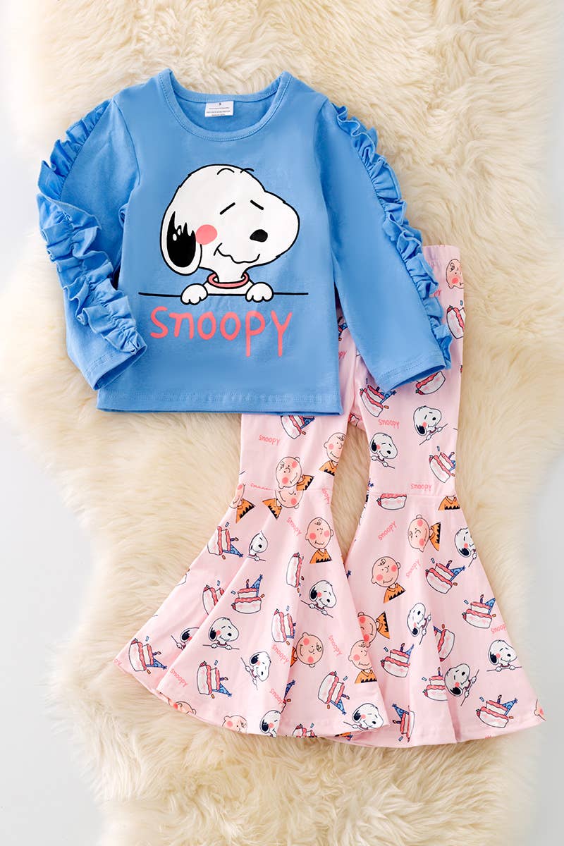 Snoopy Blue Ruffle Detail Top and Pink Matching Bell Bottom Pants