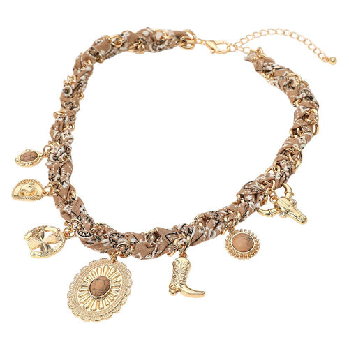 Beige/Gold Western Themed Charm Fabric Braided Necklace