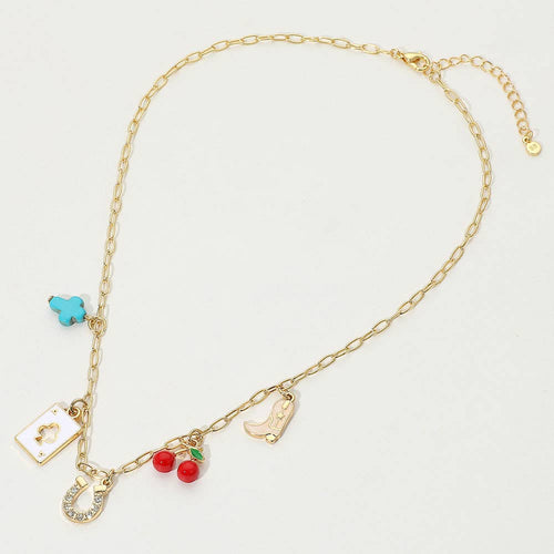 14K Gold Dipped Western Horseshoe Cowboy Boot Cross Playing Card Cherry Charm Station Paperclip Chain Necklace