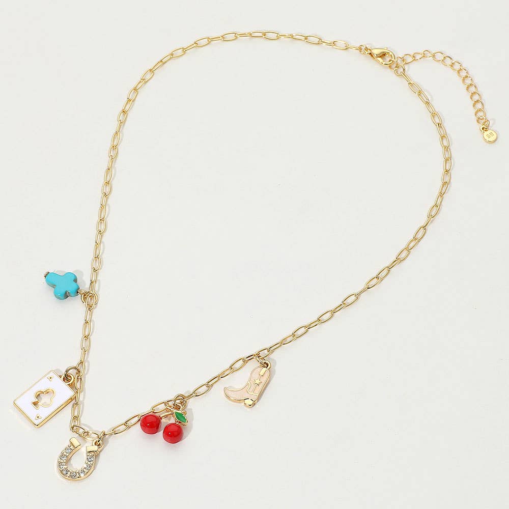 14K Gold Dipped Western Horseshoe Cowboy Boot Cross Playing Card Cherry Charm Station Paperclip Chain Necklace