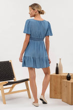 Blue Chambray Flounce Sleeve Ruffle Hem Dress