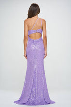 Lavender One Shoulder Sleeveless Sequin Maxi Prom Dress