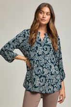 Midnight Teal Paisley Mandarin Neckline 3/4 Sleeve Blouse Top
