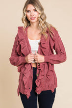 Mauve Button Up Cascade Ruffle Cardigan Sweater