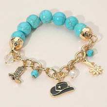 Silver Western Cowboy Hat Boot Flower Pearl Charm Beaded Stretch Bracelet