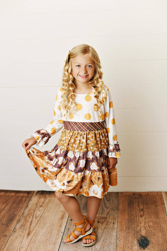 Mustard Polka Dot Multi Print Long Sleeve Tiered Fall Dress