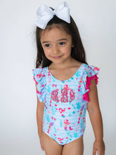 RuffleButts Girls Blue Mermaid Princess Butterfly Sleeve One Piece Swimsuit