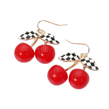 Red Enamel Retro Checkered Leaf Cherry Dangle Earrings