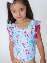 RuffleButts Girls Blue Mermaid Princess Butterfly Sleeve One Piece Swimsuit