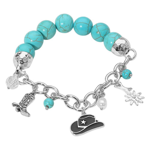 Silver Western Cowboy Hat Boot Flower Pearl Charm Beaded Stretch Bracelet
