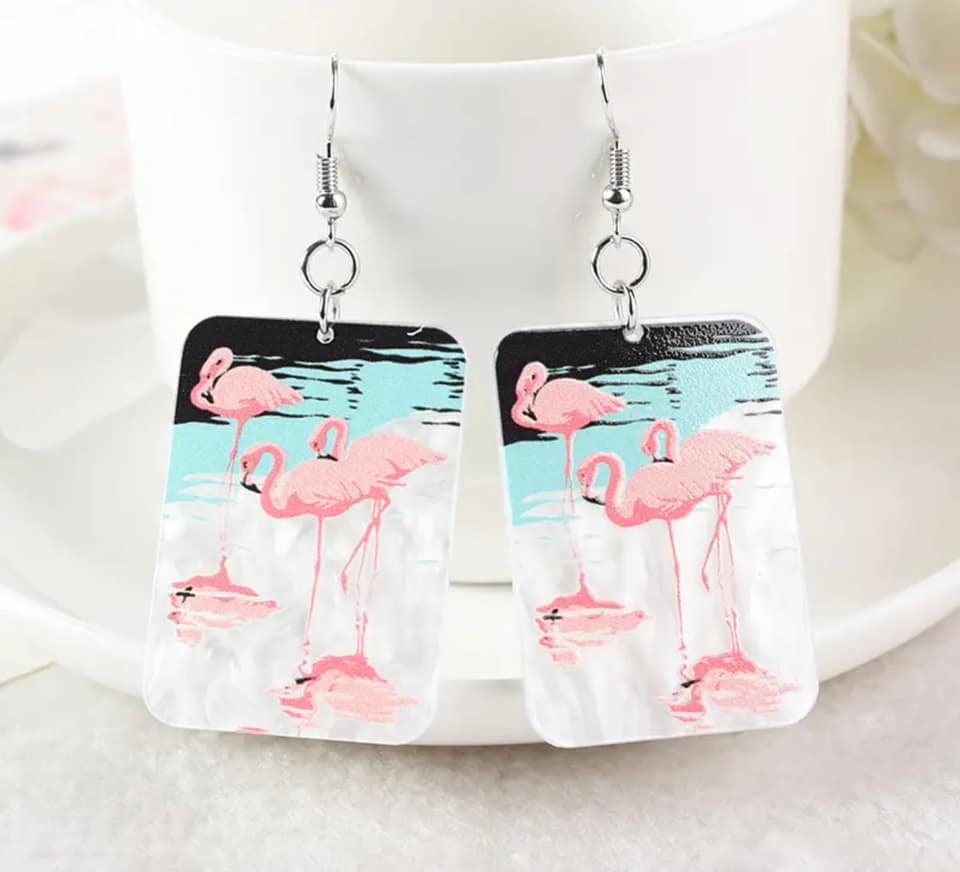 Pink Flamingo Square Acrylic Dangle Earrings