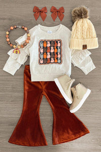 Cream "Gobble" Ruffle Sleeve Top and Matching Rust Bell Bottom Pants Set