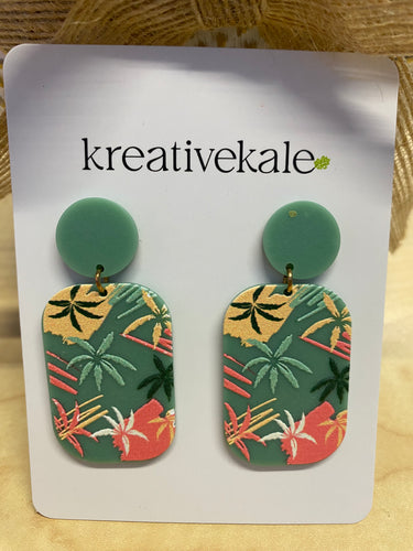Sage Green Palm Print Dangle Earrings