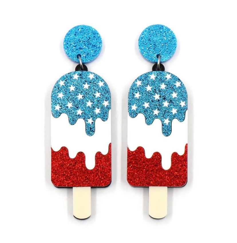 Blue Glitter 4th of July Popsicle Acrylic Earrings