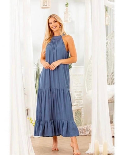 Slate Blue Tier Ruffle Halter Maxi Dress