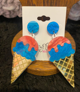 Blue Glitter Acrylic Ice Cream Cone Earrings