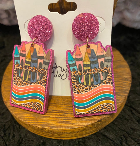 Pink Glitter Leopard Print Crayon Box Acrylic Earrings