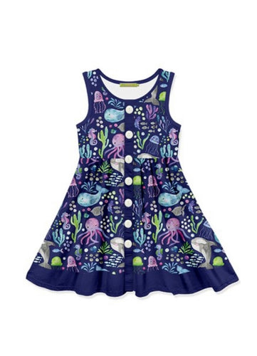 Navy Underwater Button Front Sleeveless Dress